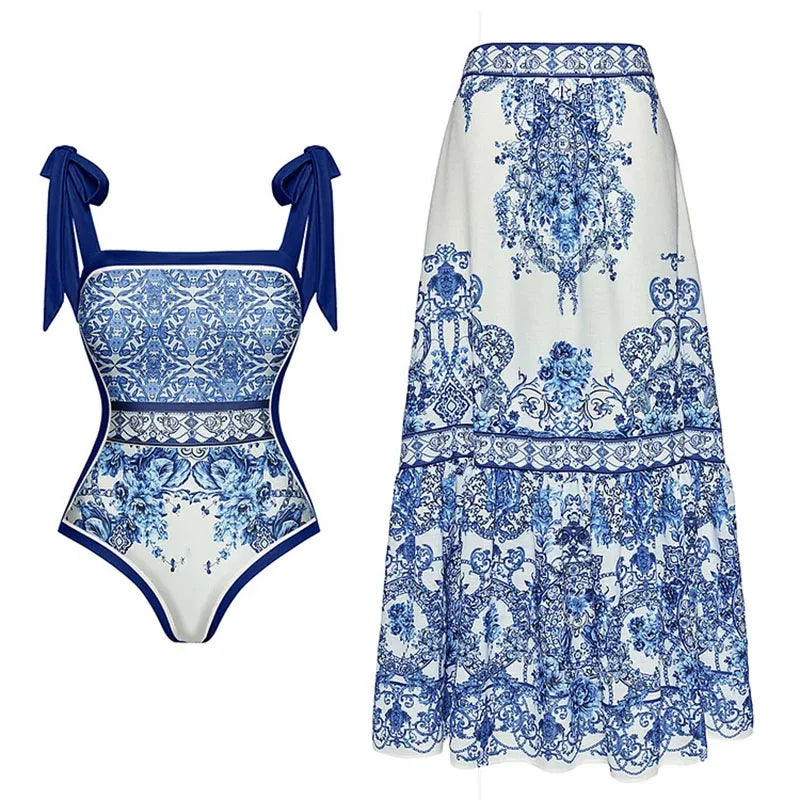 Fashion Women's Clothing One Piece Navy Print Swimsuit Bikini Set Beach Skirt Polyester Bodysuit Swimwear Style Wear Maxi Dress - Matrix Studios
