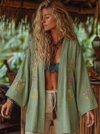 Vintage Chic Women Flowers and Bees Embroidery Bat Sleeve Beach Bohemian Kimono Dress Ladies V Neck Summer Boho Bikini Cover-ups - Matrix Studios