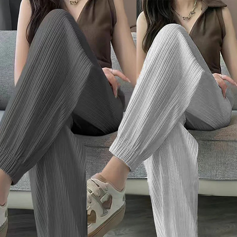 Thin Casual Wide Leg Harem Ankle-Length Pants Solid Elastic Waist Women New In ClothingSweet Streetweat Summer Long Trousers OL