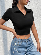 polo neck V short sleeve T-shirt women's summer shoulder high waist Spice Girl T-shirt slimming short crop top - Matrix-studios.com