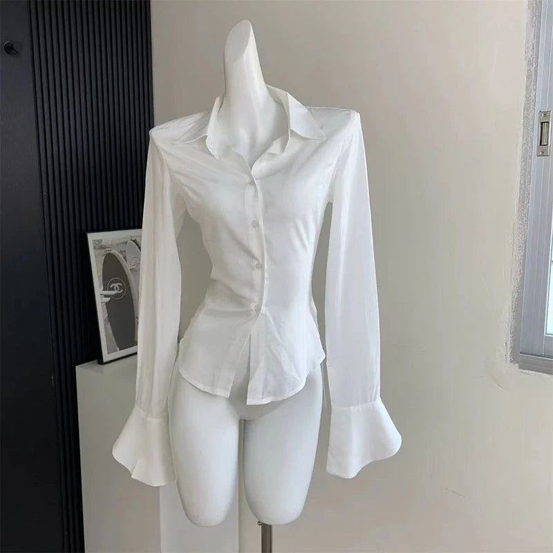 Fashion Lace Up Women Shirts Korean Slim Bell Sleeve White Blouse Spring New Streetwear All Match Ladies Button Tops - Matrix-studios.com