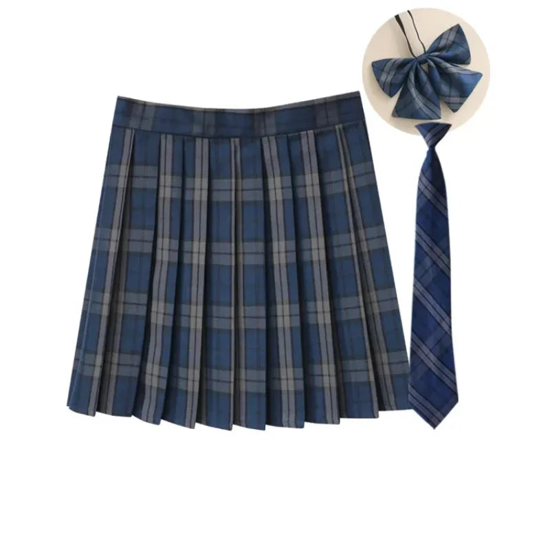 Women Summer Plaid Pleated Skirt With Necktie Bowtie Korean Jk Skirt Uniform Japanese School Preppy A Line Mini Skirts - Matrix-studios.com
