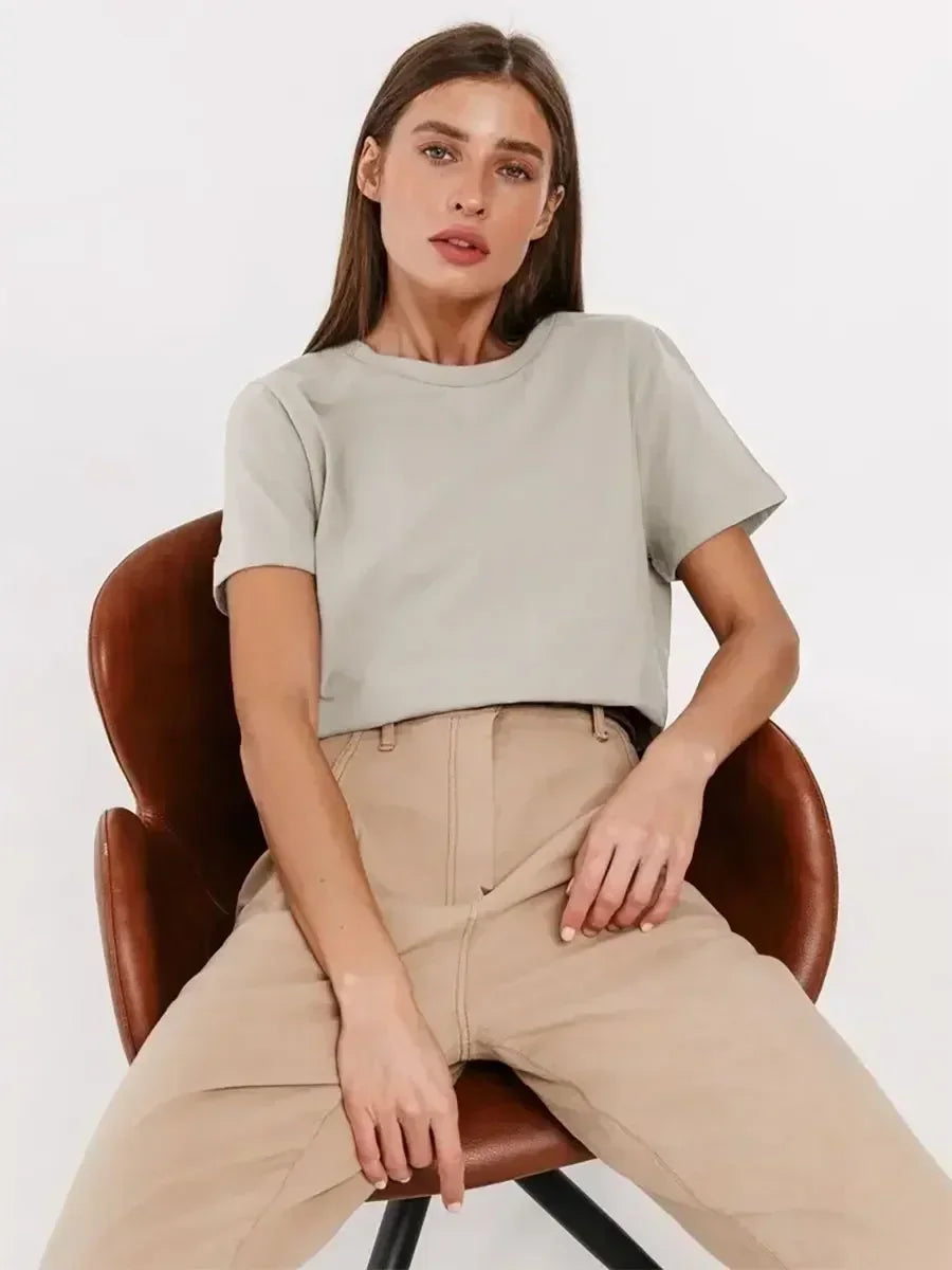 Bornladies Summer 100% Cotton Women's T-shirt Bottoming Basic Fashionable Solid Lady Short Sleeve Loose Tops Shirts 230g/㎡ Tops - Matrix-studios.com