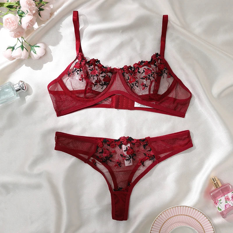 Purple Fancy Lingerie Set Female Underwear Embroidery Flower Bra And Panty Sets Women Outfits - Matrix-studios.com