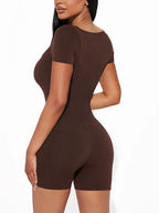 2025 Summer New Women's Sexy Solid Color Short Sleeve U Neck Jumpsuit Short Jumpsuit Yoga Fitness One Piece Polyester - Matrix Studios