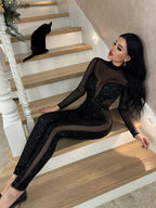Mesh Patchwork Jumpsuits For Women Fashion Sexy Club Sequined Long Sleeves O-Neck Slim Fit See Through Romper Female Streetwear - Matrix Studios