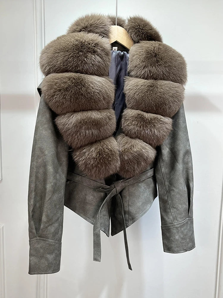 Janveny Huge Big Natural Fox Fur 2025 New Autumen Winter Pu Faux Leather Jacket Women Casual Female Lapel Zipper Motorcycle Coat - Matrix Studios