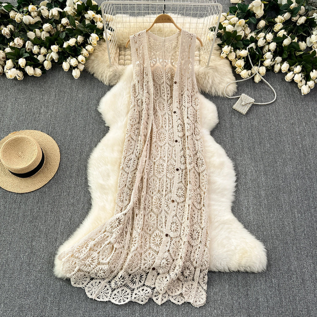Longline Crochet Cardigan Button Front Sleeveless Sheer Open-knit Long Cover-up Jacket Women Summer Beach Vacation Outfit - Matrix Studios