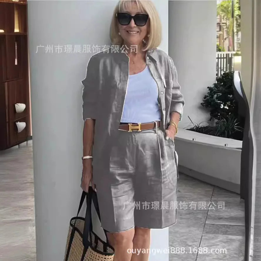 2026 Elegant 2-Piece Sets For Women Womens Cardigan Shirt Top Summer Solid Color Casual Shorts Two Piece New In Matching Sets - Matrix-studios.com