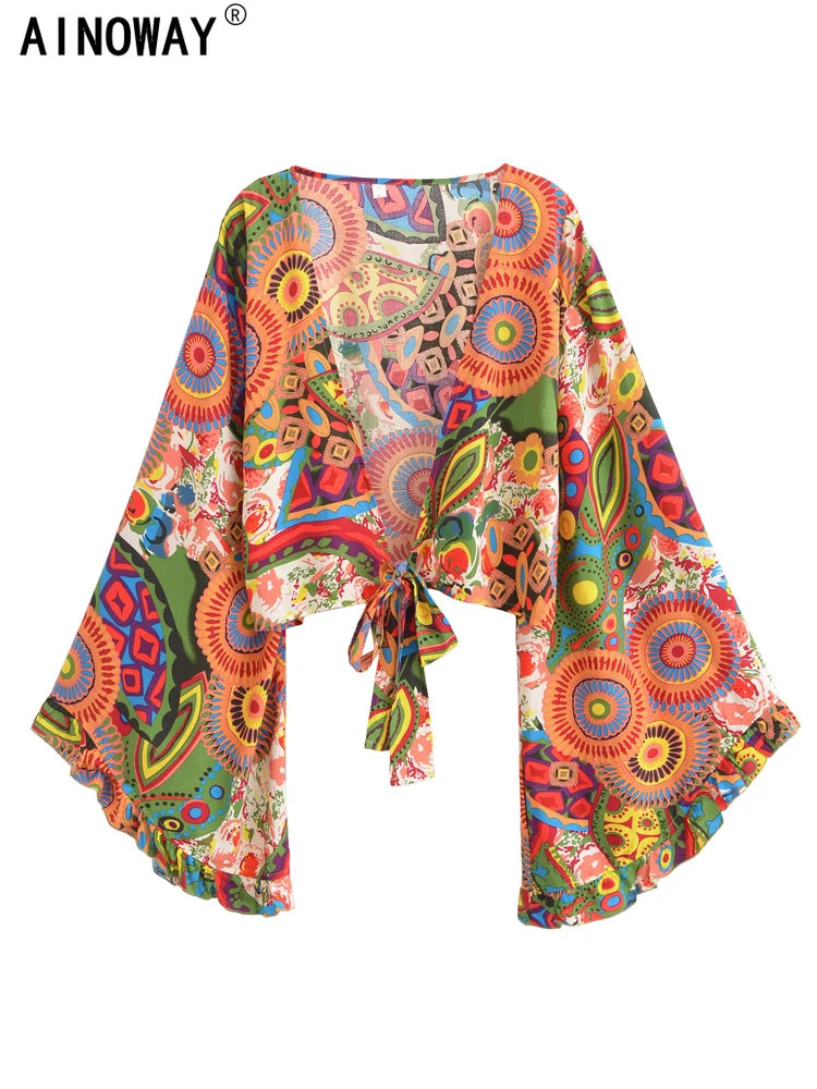 Boho Vintage Floral Print Beach Summer Short Kimono Women 2025 Fashion Ruffles Flare Sleeves Vacation Bohemian Bikini Cover-ups - Matrix Studios