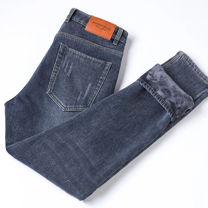 2025 Winter Fleece Jeans Men's Fashion Elastic Slim Straight Warm Trousers Thicken Business Casual Korean Thermal Denim Pants - Matrix Studios