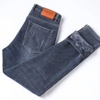 2025 Winter Fleece Jeans Men's Fashion Elastic Slim Straight Warm Trousers Thicken Business Casual Korean Thermal Denim Pants - Matrix Studios