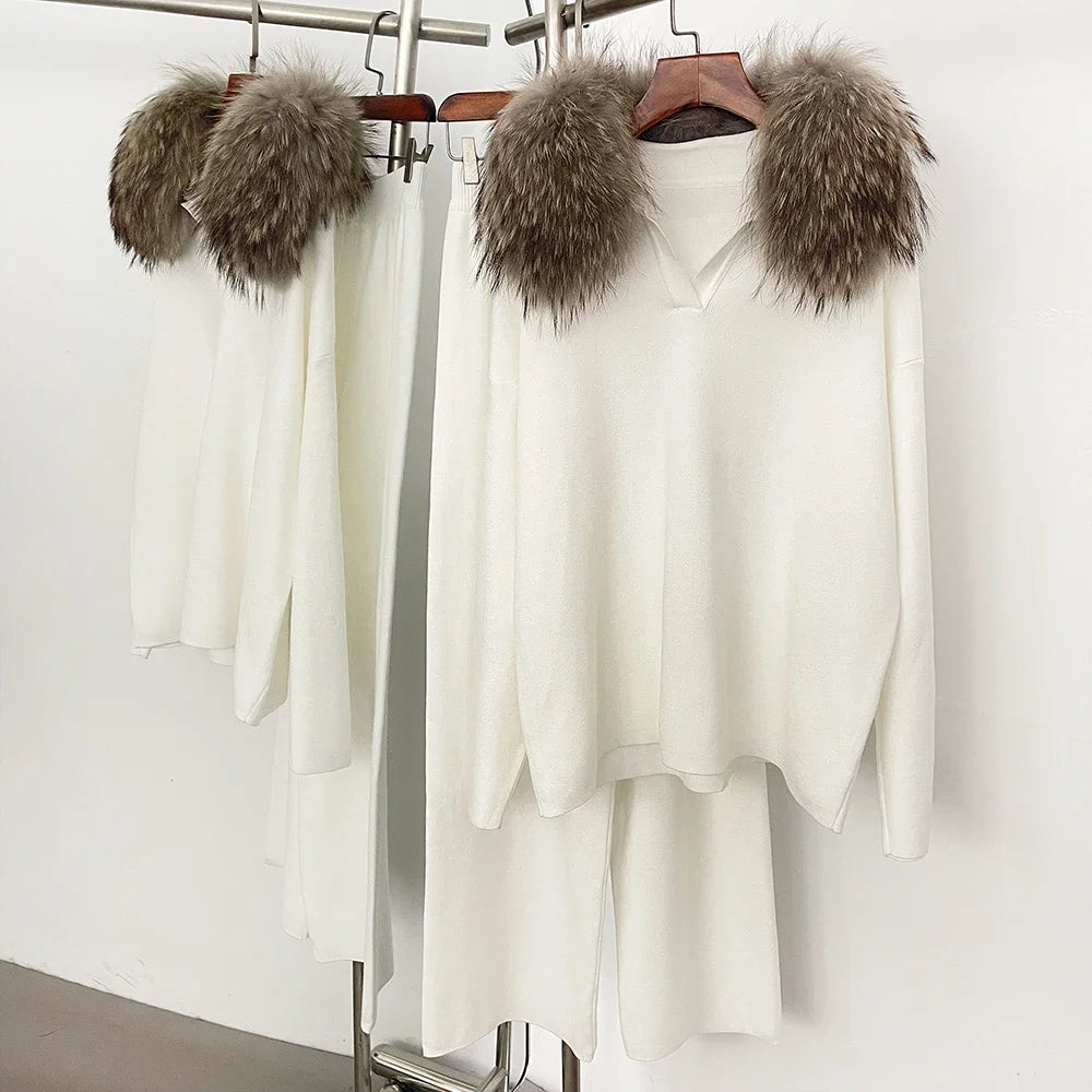 Reality Fur Jacket Pullover Set Woman Spring Knitted Suit Knitwear Female Real Fox Fur Collar Sweater Lady Autumn Knitted New - Matrix Studios