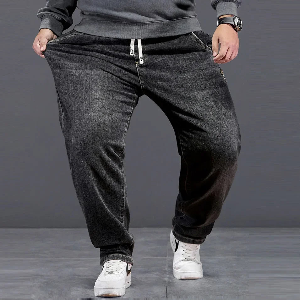 Extra Big Size Jeans Men High Elastic Waist Baggy Denim Pant Male Plus Large Loose Slim Fit Cowboy Trouser 8XL 6XL Classic Black - Matrix Studios