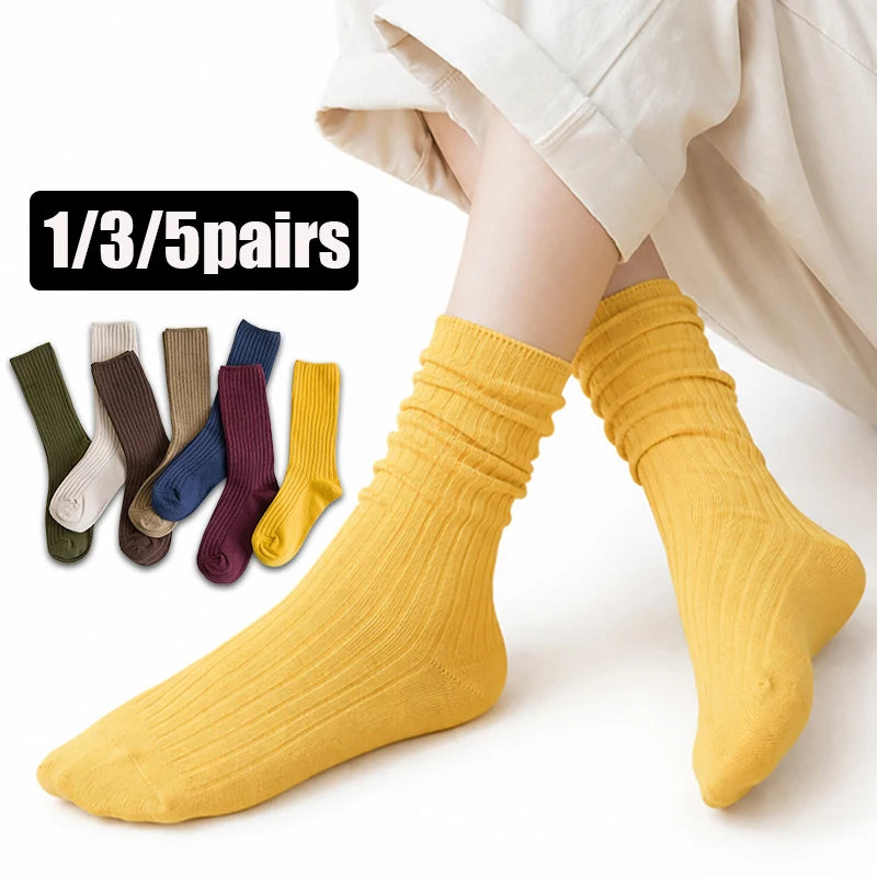 1/3/5 Pairs Women's Ribbed Crew Socks Soft Stretchy Solid Color Slouch Mid-Calf Sock High Quality Elastic Casual Fashion Sox - Matrix Studios