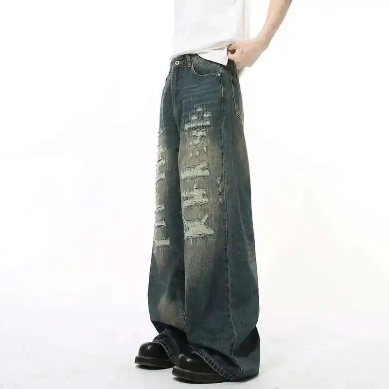 IEFB High Street Men's Denim Pants Hole Worn-out Streetwear Trousers Straight Wide Leg Casual Male Jeans New Autumn 2024 9C8513 - Matrix Studios
