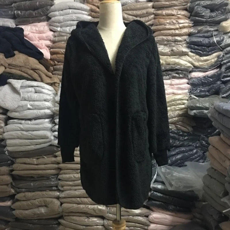 Women Autumn Winter Double-faced Fur Fleece Faux Fur Medium Style Hooded Warm Thick Coat Casual Solid Long-sleeved Fur Overcoat - Matrix Studios