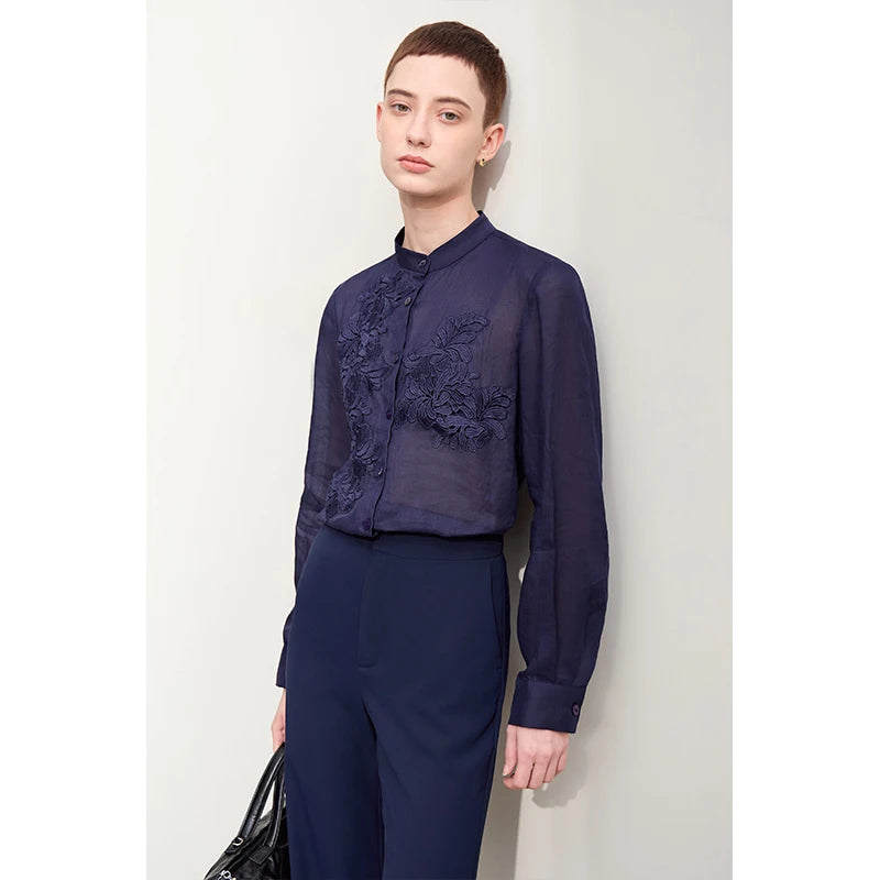 Amii Minimalism Women Shirts 2026 Autumn New Chinese Stand Collar Lace Decal Shirt Fashion Female Shell Button Blouses 12443001 - Matrix-studios.com