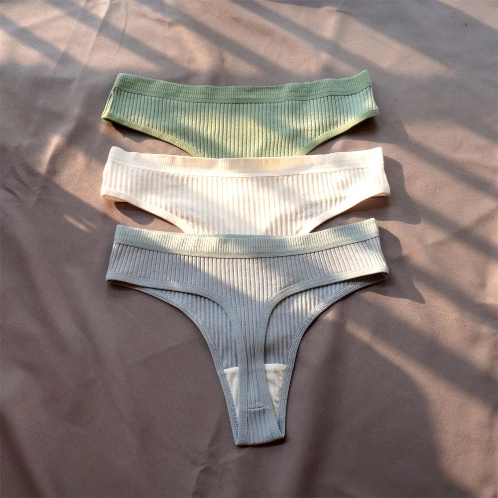 3 Pcs Seamless Ladies Ribbed Cotton Thong Simple Women's Low Waist Bikini Briefs Sports Girls Underwear Plus Size - Matrix Studios