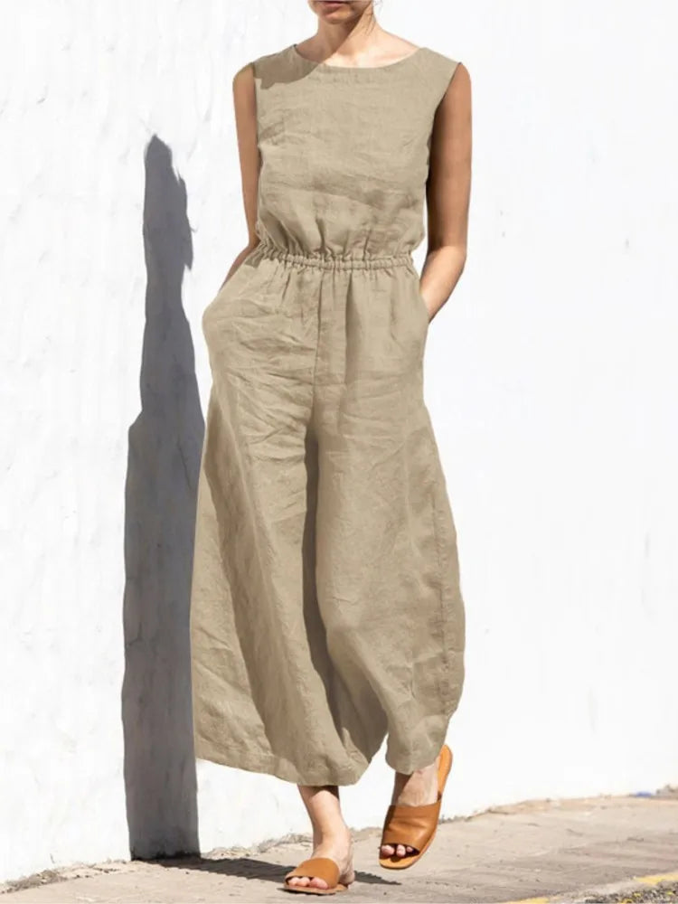 Cotton And Linen Jumpsuit Women Solid Color Sleeveless Pocket High Waist Wide Legs Jumpsuits Casual Commuting Ladies Bodysuits - Matrix Studios