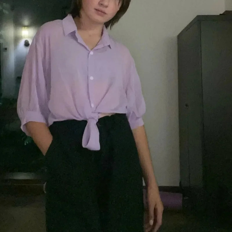 Casual Loose Hollow White Clothes Elegant Solid Color Tied Waist Blouse Women Summer Bat Half Sleeve Button Chiffon Shirt - Matrix-studios.com