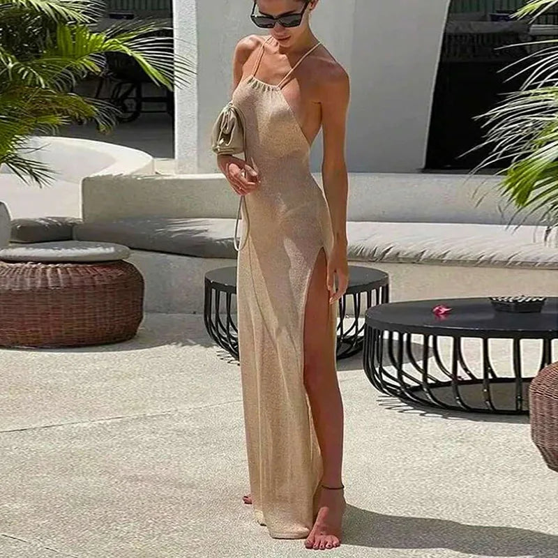 Women Cover Ups Sexy Hollow Out Dresses Spliced Sleeveless Split Long Dress Swimwears Sling Backless Knit Y2k Summer Beach - Matrix Studios