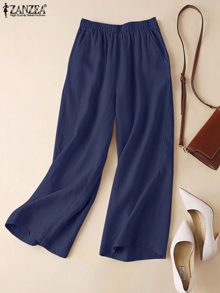 ZANZEA-Summer Women Pants Cotton Linen Elastic Waist Wide-Leg Trousers Casual Lightweight Solid Palazzo Pantalones Woman Bottoms
