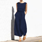 Cotton And Linen Jumpsuit Women Solid Color Sleeveless Pocket High Waist Wide Legs Jumpsuits Casual Commuting Ladies Bodysuits - Matrix Studios