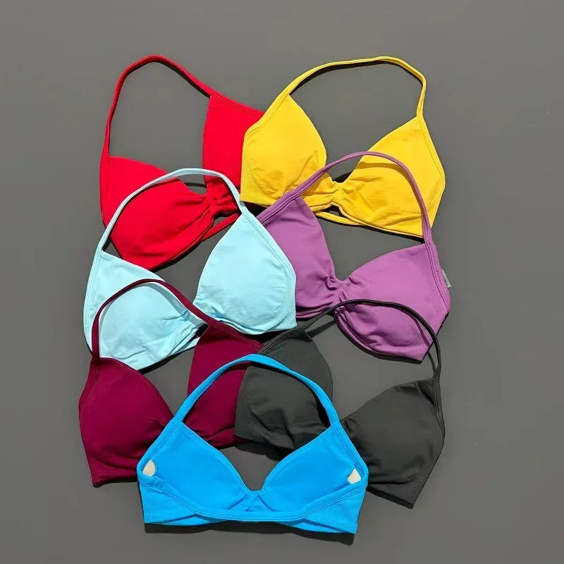 HISTELLO Strappy Bra Gym Top Women High Support Thin Strap Halter Sports Seamless Bras Scrunch Push-up Workout Yoga Tank Tops - Matrix Studios