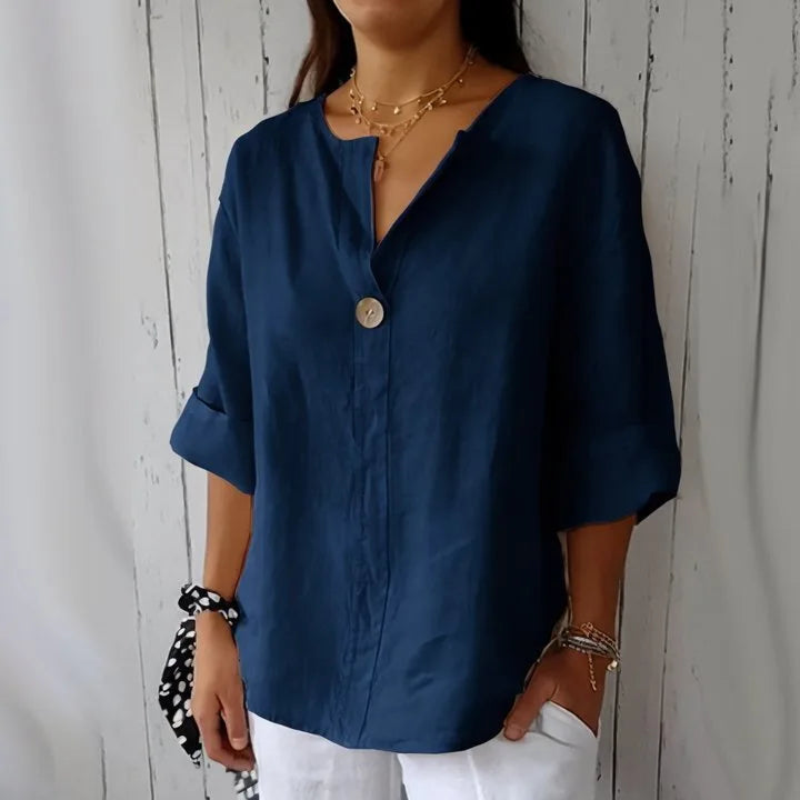 VEITCHE Spring Summer Women's Shirt Blouses Top V-neck Button Tee Shirts  3/4 Sleeve Casual Cotton Linen Top Loose Fit Pullover - Matrix-studios.com