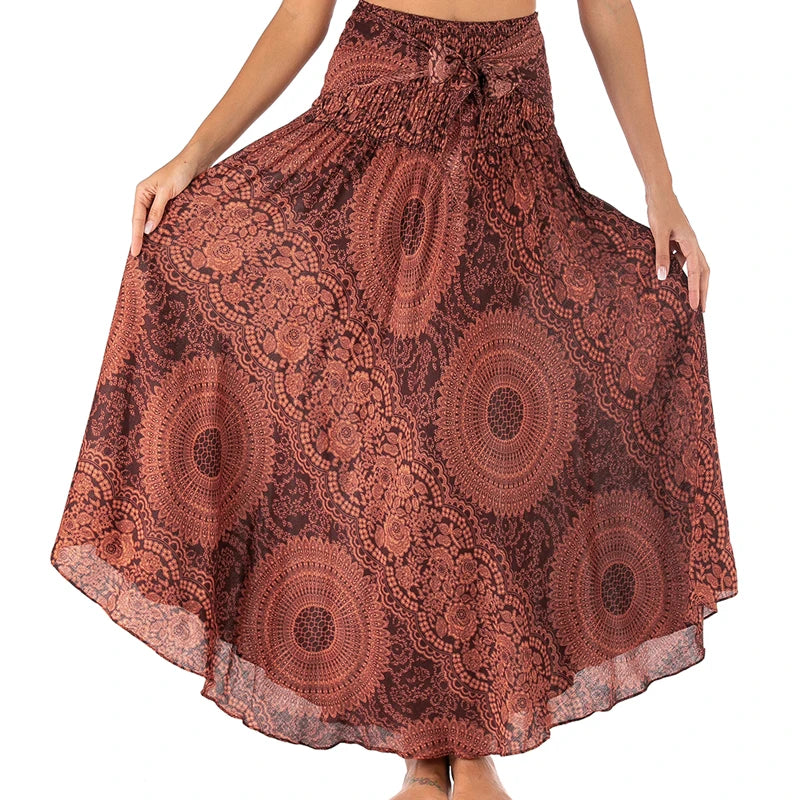 Boho Skirts Women Rayon Beach Long Dress Summer Bohemian Jupe Longue Femme Elastic Waist Print Floral Bandage Halter Hippie - Matrix Studios