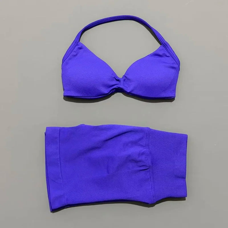 HISTELLO Gym Set 2 Piece Women Strappy Yoga Bra Top Workout Scrunch Shorts Sports Suit Fitness Clothes Seamless Yoga Set - Matrix-studios.com