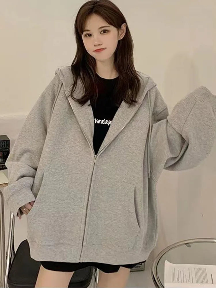 Oversize Women's Sweatshirts Autumn Casual Korean Long Sleeve Hooded Zip-up Y2k Hoodies Streetwear Harajuku Female Clothes Black - Matrix Studios