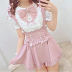 Japanese Gothic Lolita Ribbon Short Suspender plaid Skirt Girls Sweet Cute Lace A-Line Mini Skirts summer2026 black solid kawaii - Matrix-studios.com
