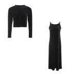 2024 Autumn Women Solid Color New Sleeveless Dress Single-breasted Long-sleeved Cardigan And Long Robes Female Casual Clothes - Matrix-studios.com