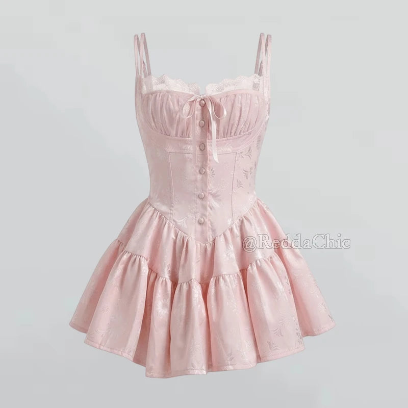 REDDACHiC Floral Satin Women Rompers Stitch Lace Corset Square Neck Buttoned Camisole Mini Dress Pretty Elegant Summer Clothes - Matrix Studios