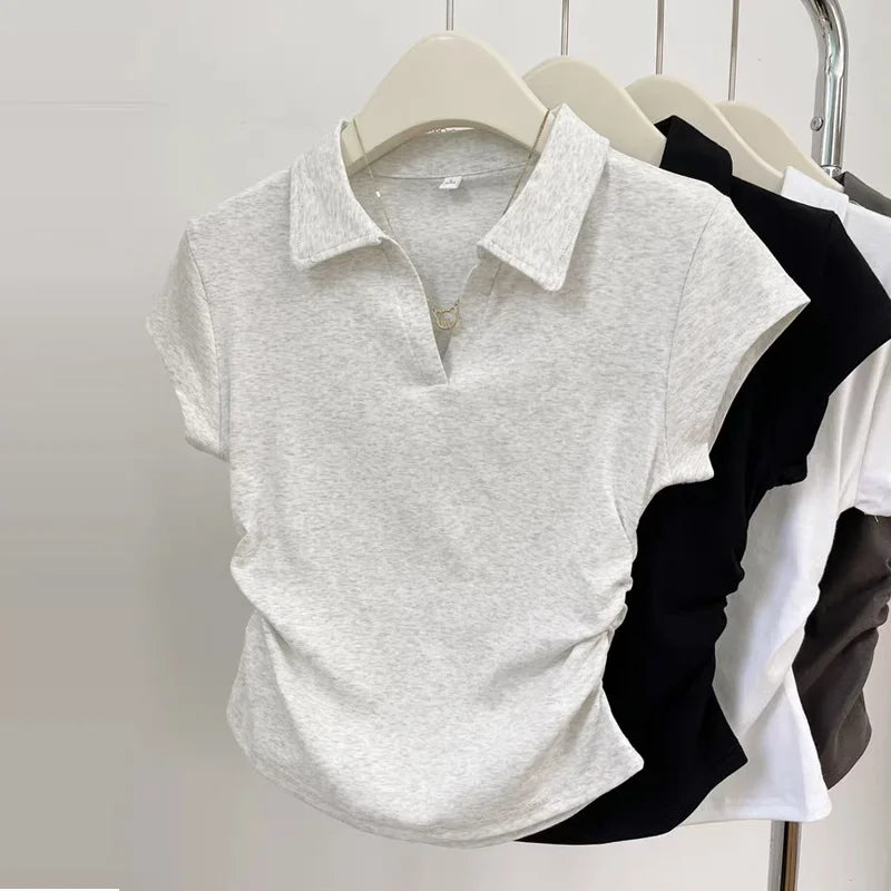 Polo TShirt Cotton Summer Sport T Shirt for Women Skinny Slim Basic Sexy Solid Grey Crop Top Short Sleeve  Casual Women Top Tee - Matrix-studios.com