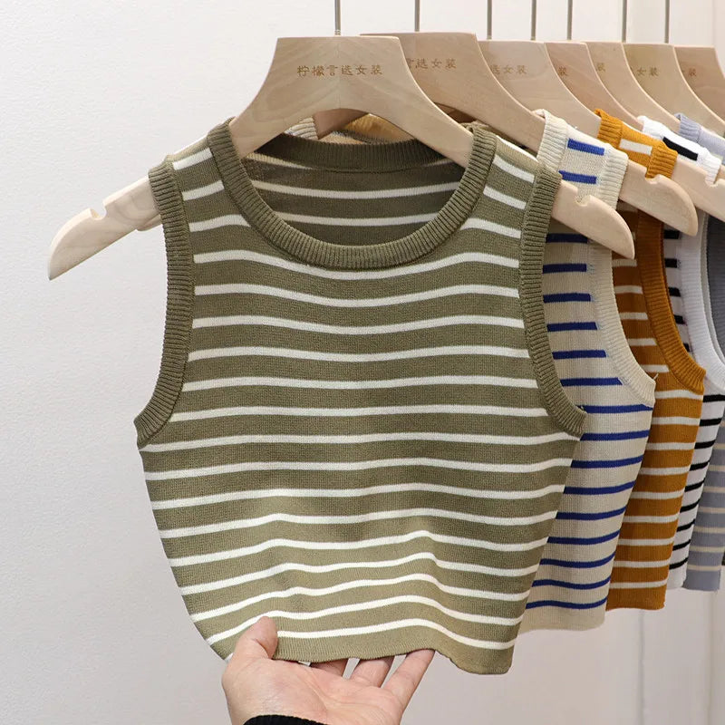 2026 Spring Summer New Sleeveless Ice Silk Knit Tank Top Striped O-Neck Women's Camisole Slim Fit Versatile Sexy Crop Tops - Matrix-studios.com