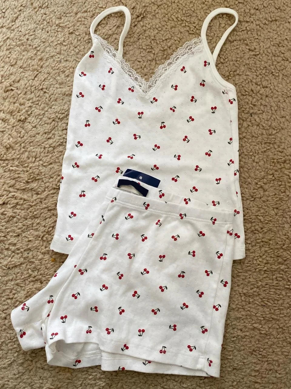Strawberry Vest Shorts 2 Pieces Set Woman Eyelet Bow Slim Tank Top with Elastic Waist Patchwork Straight Short Pant Sweet Sets - Matrix-studios.com