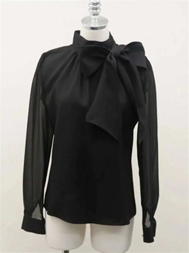 Women Spring Summer Style Chiffon Blouses Shirts Lady Casaul Long Sleeve White Black Bow Tie Collar Blusas Tops - Matrix-studios.com