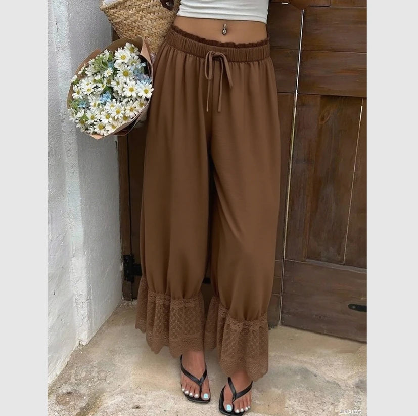 Womens Wide Leg Pants White Polyester Lace Trim Hem Casual Loose Fit Summer Trousers Wide Leg Pants - Matrix-studios.com