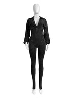 Weird Puss Washed Distressed Jumpsuit Women Ribbed V-Neck Solid SKinny Long Sleeve Fall Casual Trend Simple Activity Streetwear - Matrix Studios
