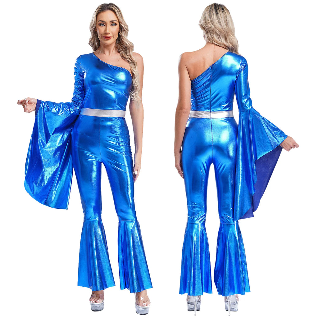 Womens 70S Disco Vintage Jumpsuit Metallic Shiny Flare Sleeve Bodysuit Hippie Bell Bottom Jazz Dance Carnival Rave Party Costume - Matrix Studios
