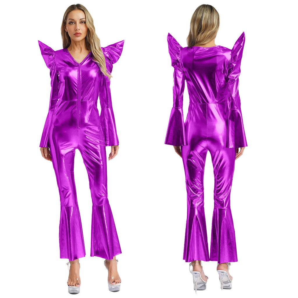 Women Vintage One Piece 70s Disco Dance Rompers Sleeveless Metallic Bell Bottom Flared Pants Jumpsuit for Retro Party Jazz Dance - Matrix Studios