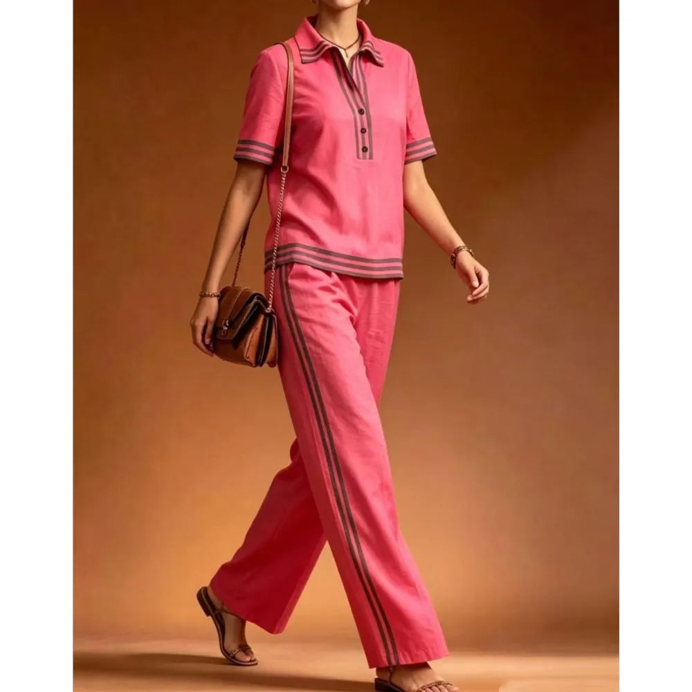 Women 2 Piece Linen Set Lapel Collar Half Button Short Sleeve High Waist Split Elegant Casual Loose Summer Wide Leg Long Pants - Matrix-studios.com