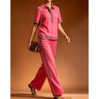 Women 2 Piece Linen Set Lapel Collar Half Button Short Sleeve High Waist Split Elegant Casual Loose Summer Wide Leg Long Pants - Matrix-studios.com