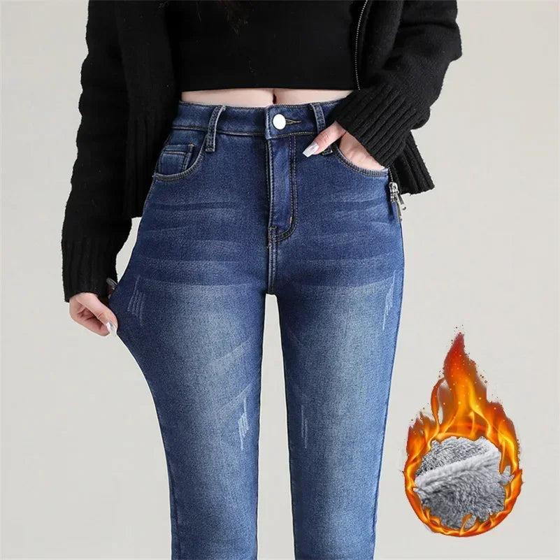 Women Thermal Skinny Jeans Mom Winter Warm Plush Stretch Jeans Lady Fleece Snow Denim Pants Student Pencil Straight Leg Trousers - Matrix-studios.com