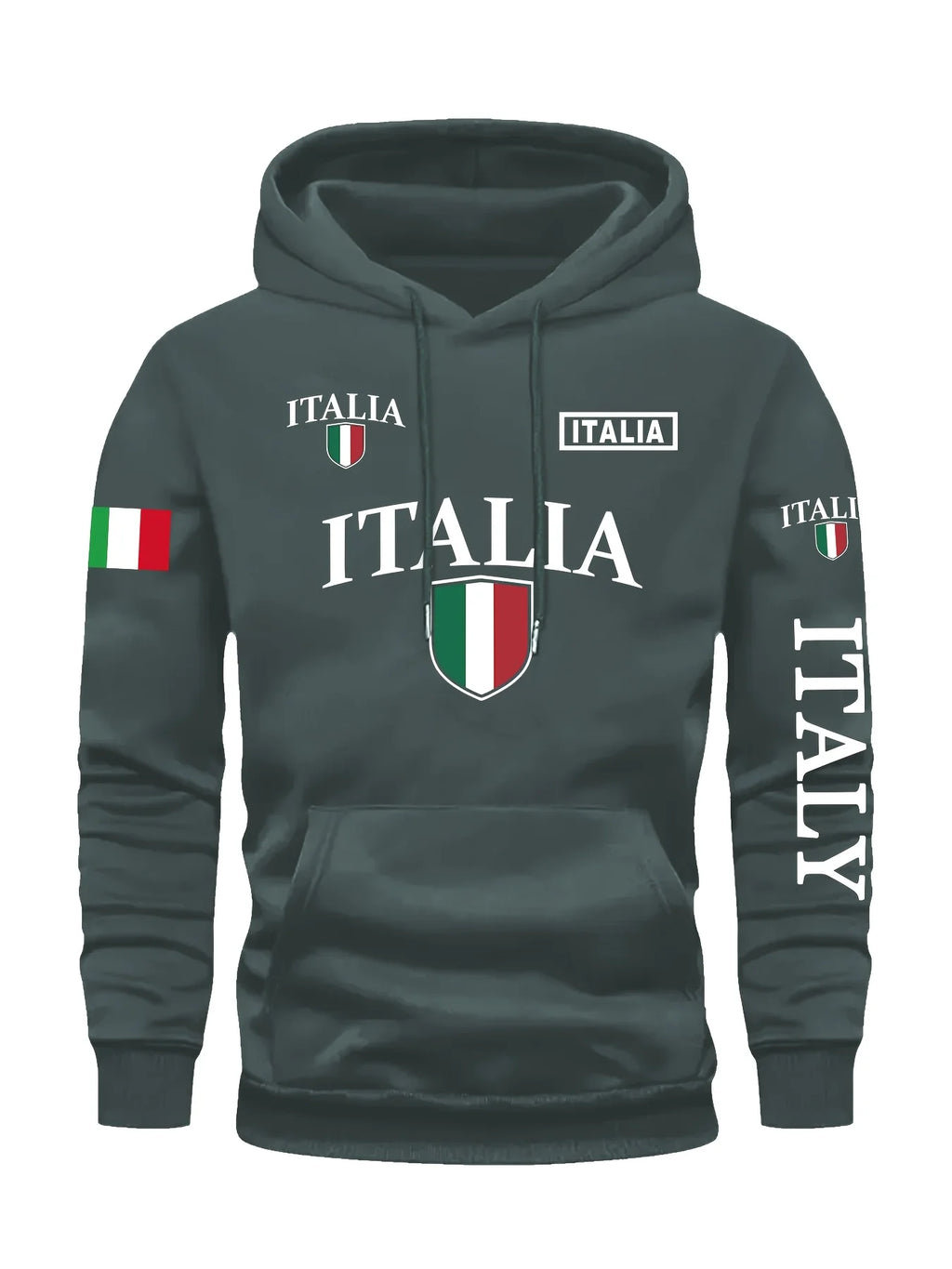 Men's Italy Flag Shield Bold ITALY Letter Print Hoodie Grey Casual Pullover Front Pocket Ribbed Cuffs Comfort Fit Urban Fashion - Matrix Studios