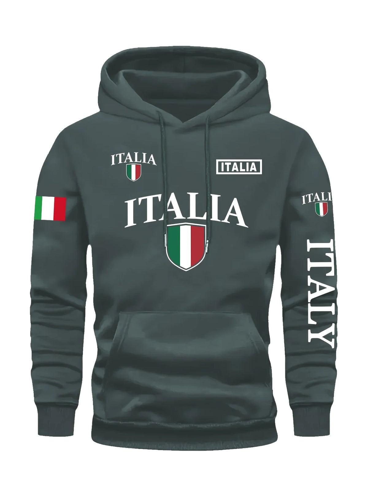Men's Italy Flag Shield Bold ITALY Letter Print Hoodie Grey Casual Pullover Front Pocket Ribbed Cuffs Comfort Fit Urban Fashion - Matrix Studios