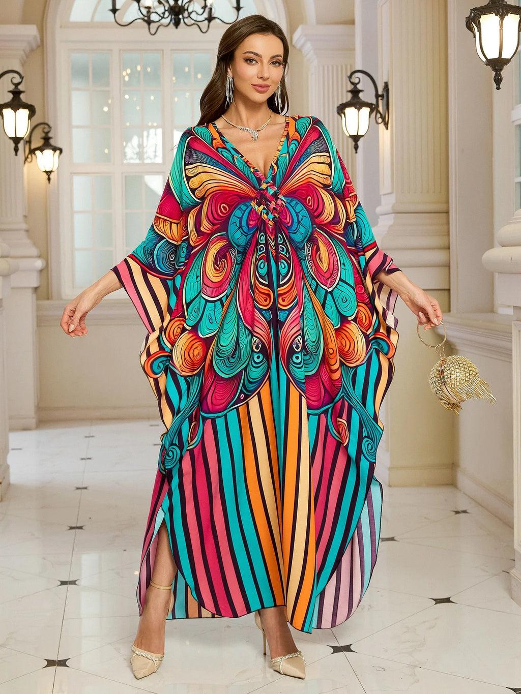 Kaftan Dresses for Women Wave Neck Swimsuit Cover Up Caftan Dress Plus Size Oversized Long Beach Dress - Matrix Studios